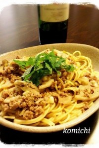 レンコンとひき肉のパスタ