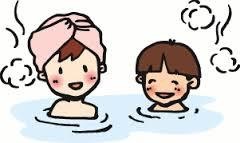 お風呂に浸かる母親と男の子　イラスト