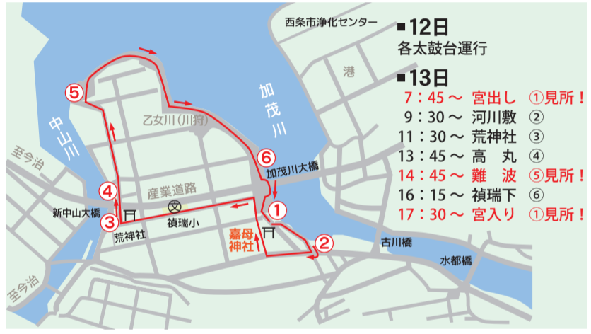 西条祭り　嘉母神社　運行コース　地図