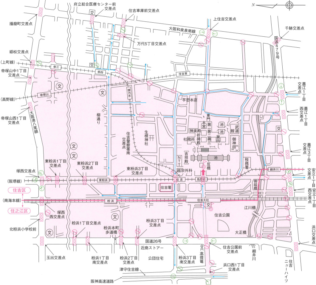 住吉大社　初詣期間の交通規制地図