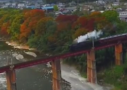 煙を出しながらSLが走る荒川橋梁と紅葉