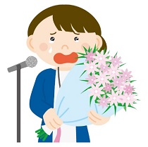 花束を持ったOLの涙の挨拶　イラスト