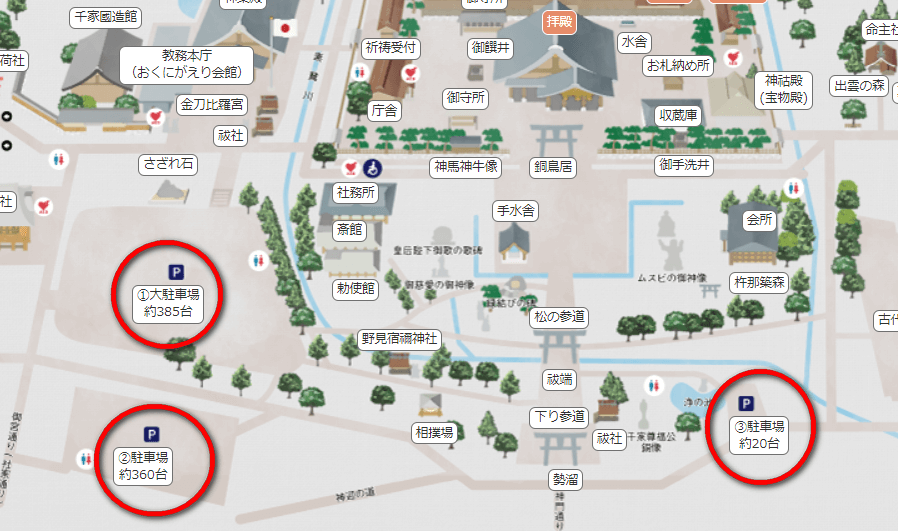 出雲大社　境内と駐車場の地図