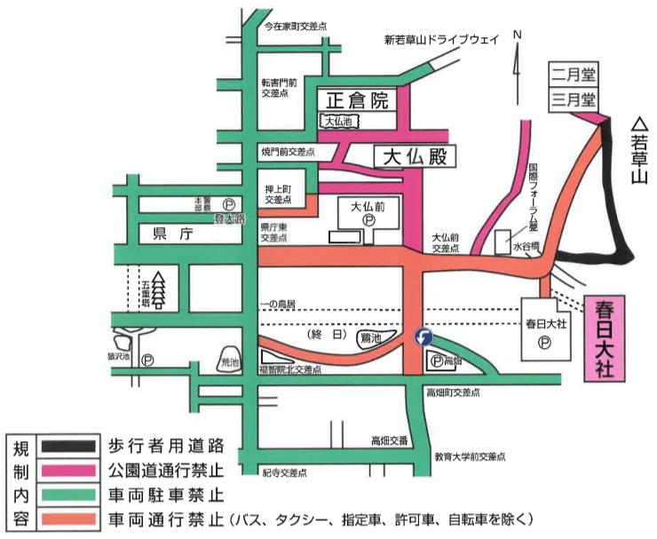 春日大社　初詣期間中の交通規制と駐車場の地図