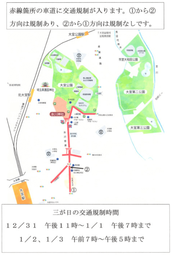 氷川神社　初詣の交通規制地図