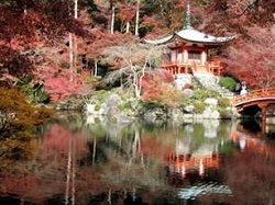 醍醐寺　紅葉と弁天堂　池に映り込む紅葉